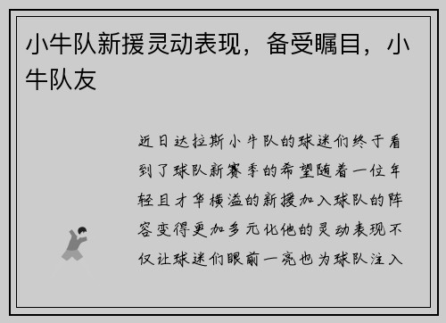 小牛队新援灵动表现，备受瞩目，小牛队友